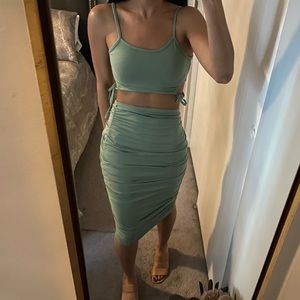 NEW "Be Mine" Sexy Green Cut-out Crop Top & Ruched Midi Skirt Set